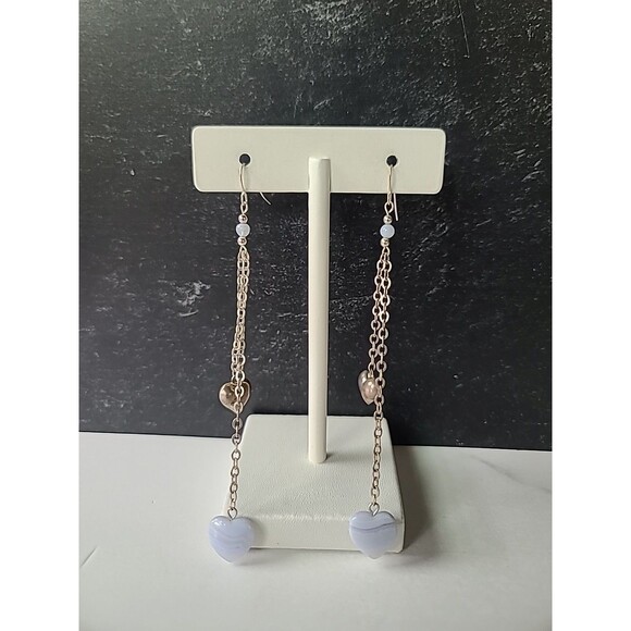 925 Sterling Silver Beaded Heart Lace Agate Dangling Pierced Earrings Vintage - Picture 3 of 10